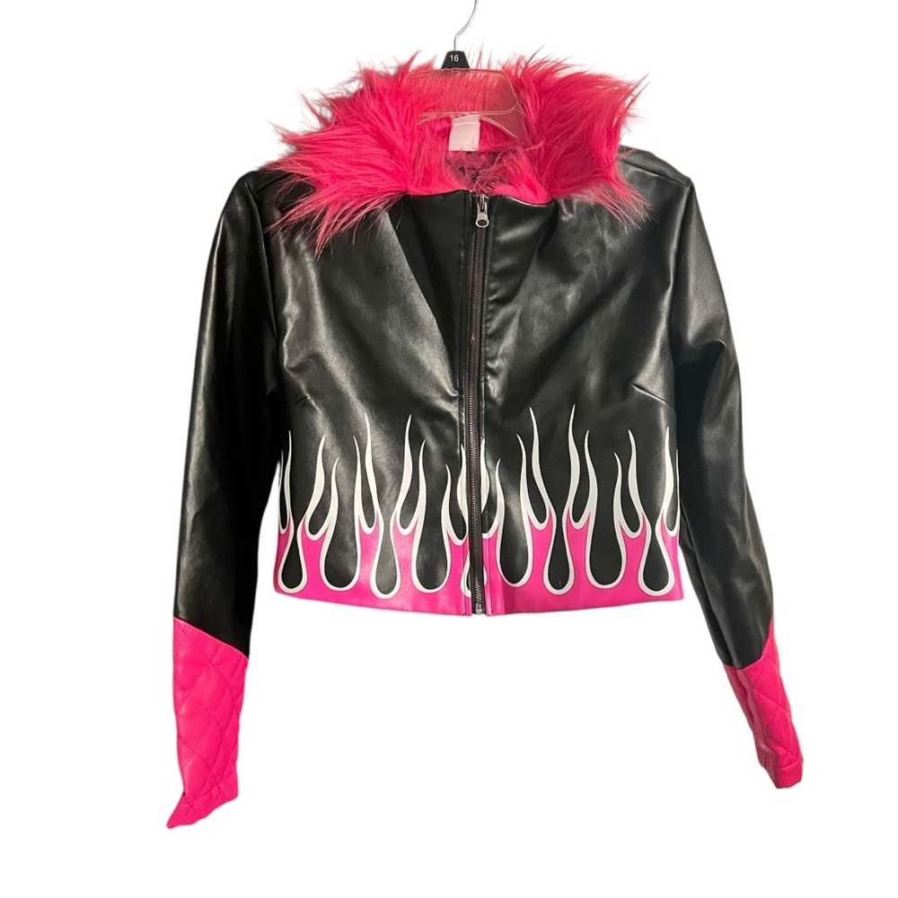 Edgy Black and Pink Faux Leather Jacket with Flame Accents